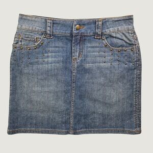 Cache Denim Mini Skirt Women's 4 Blue Vintage Studded Embellished Y2K Festival